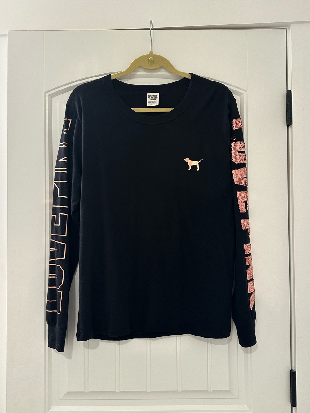 NWOT VS PINK Victoria's Secret Rose Gold Bling Long Sleeve Jersey Top Shirt Sz L